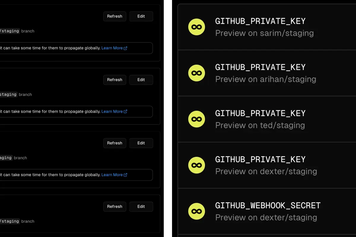 Vercel staging URLs and Infisical env sync